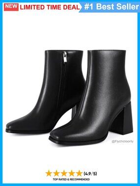 Womens Square Toe Ankle Boots Chunky Block Heel Side Zipper Comfortable